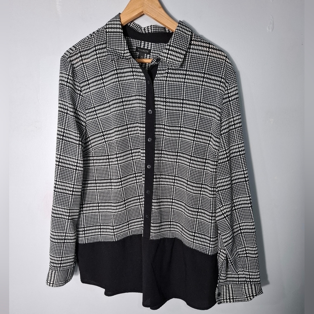 TALBOTS Women Houndstooth Top Blouse 2-Way Sleeve Black White XL Professional